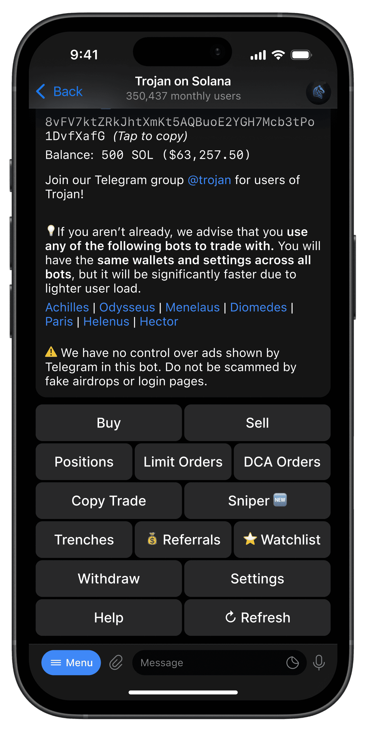 Picture of Trojan on Solana Bot